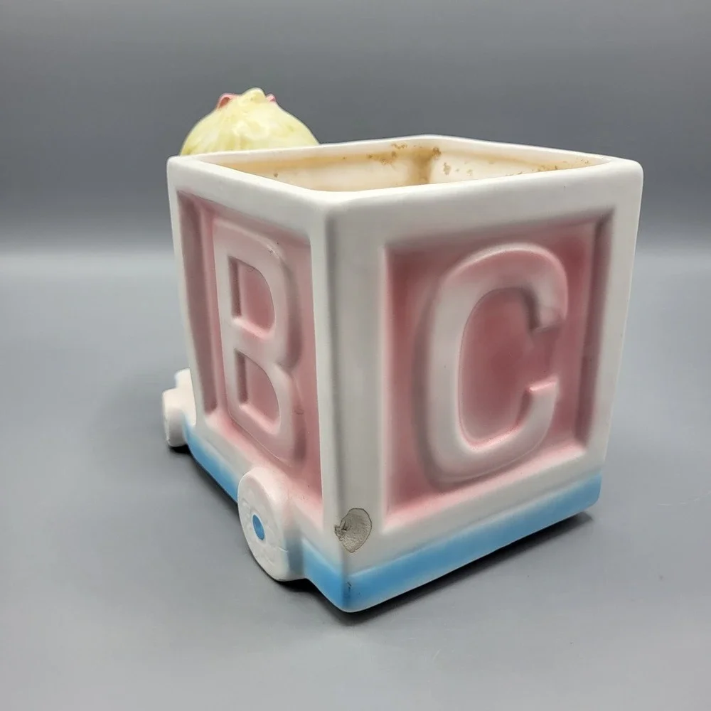 Enesco Baby Girl Alphabet Block Cart Planter Vintage Japan E-6127 Pink Blue READ
